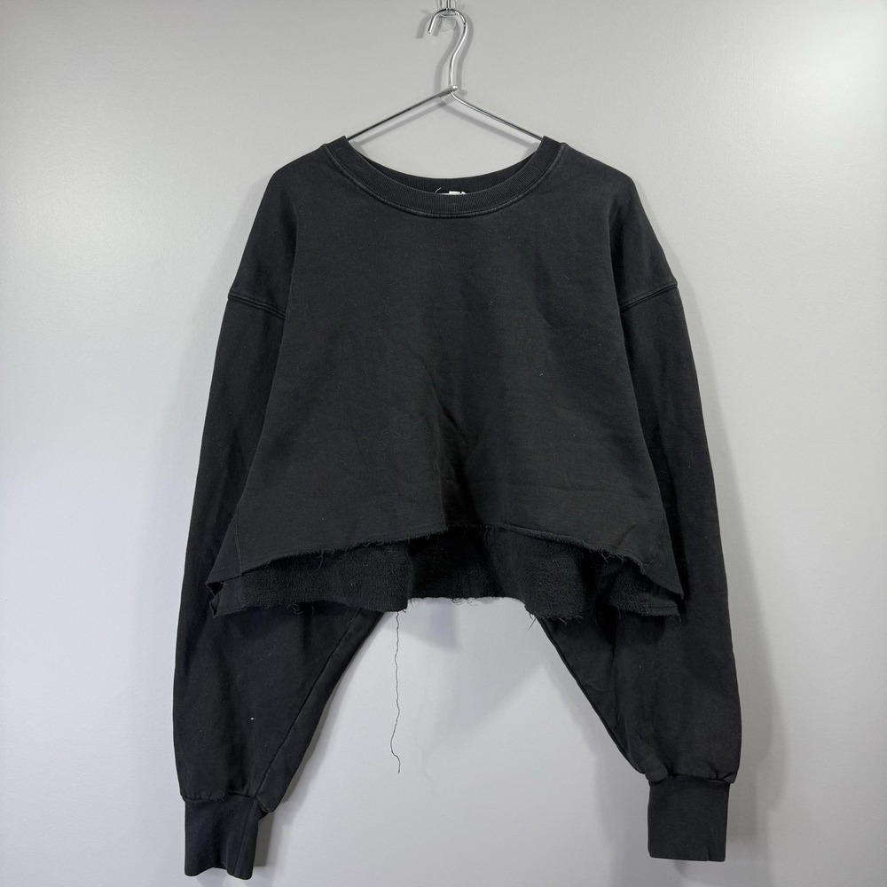 Good American Sweatshirt Womens 5 Black Crewneck Cropped Raw Hem Fleece